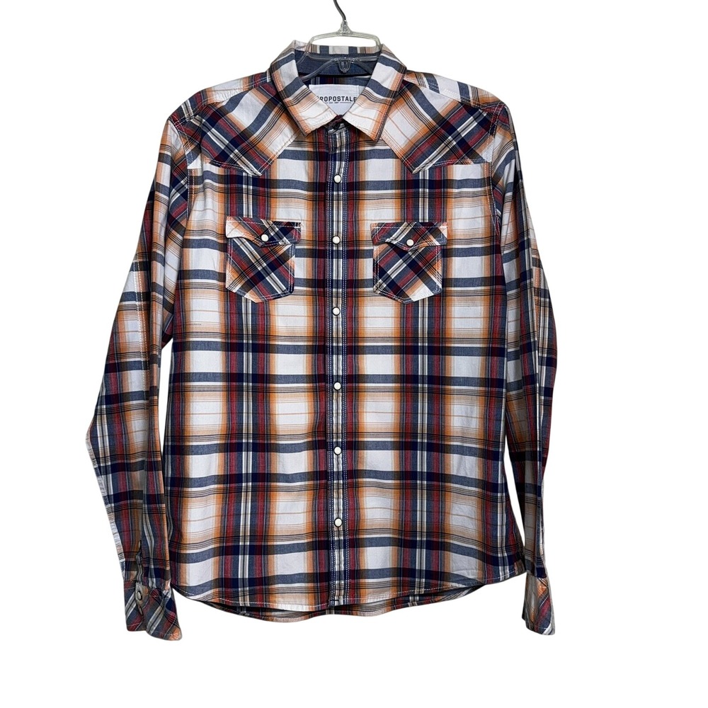 Aeropostale Mens Western‎ Pearl Snap Shirt Plaid Long Sleeve Orange Navy Large